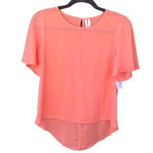 Frenchi XS Shirt Pullover Semi Sheer High Low Peek a Boo Back Peach Orange